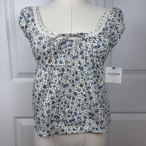 Arizona Jean co Women's Blue Floral Lace-Trim Peasant Top